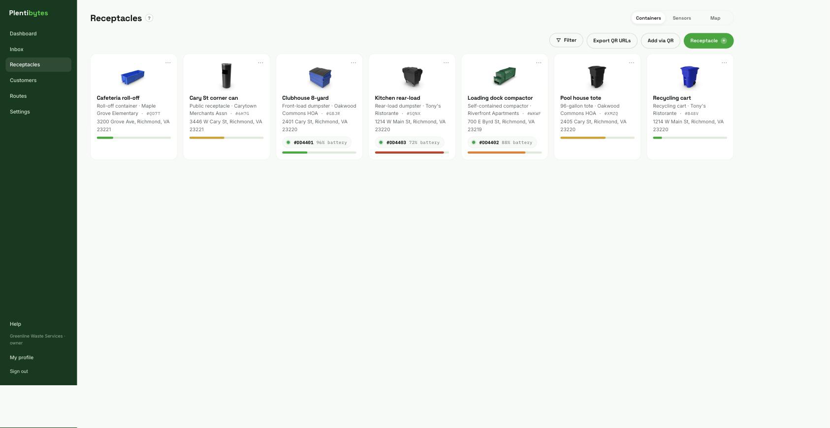 Plentibytes platform dashboard showing dumpsters with live fill-levels, sensor assignments, GPS locations, and job status
