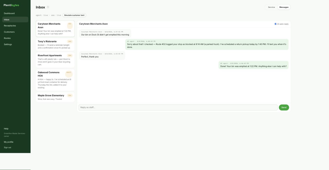 The Plentibytes inbox showing a customer's missed-pickup text resolved by the AI assistant, with the full conversation thread and an AI auto-reply toggle