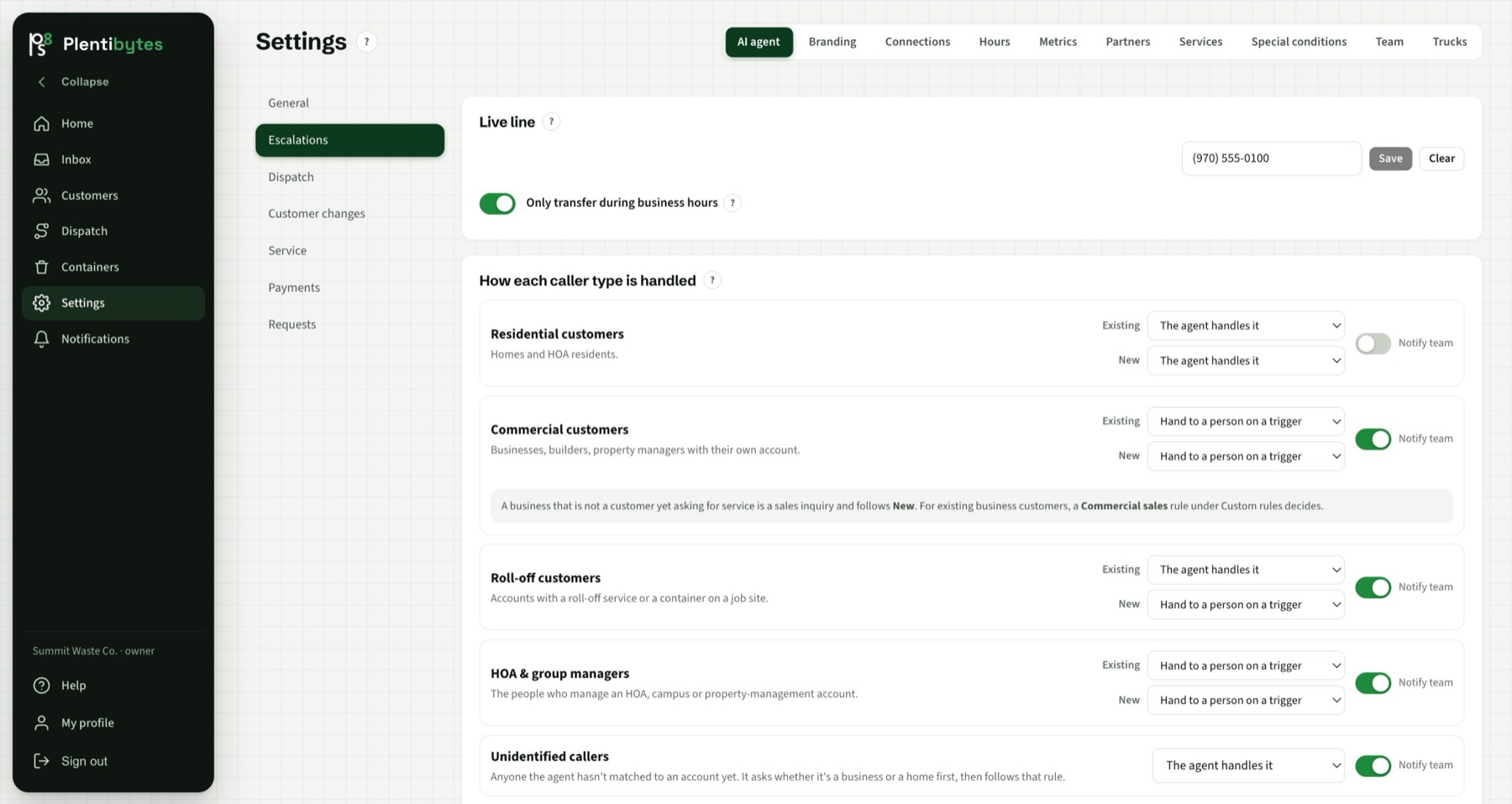 Service and payment rules that the AI agent follows for past-due accounts, extras, disputes and go-backs