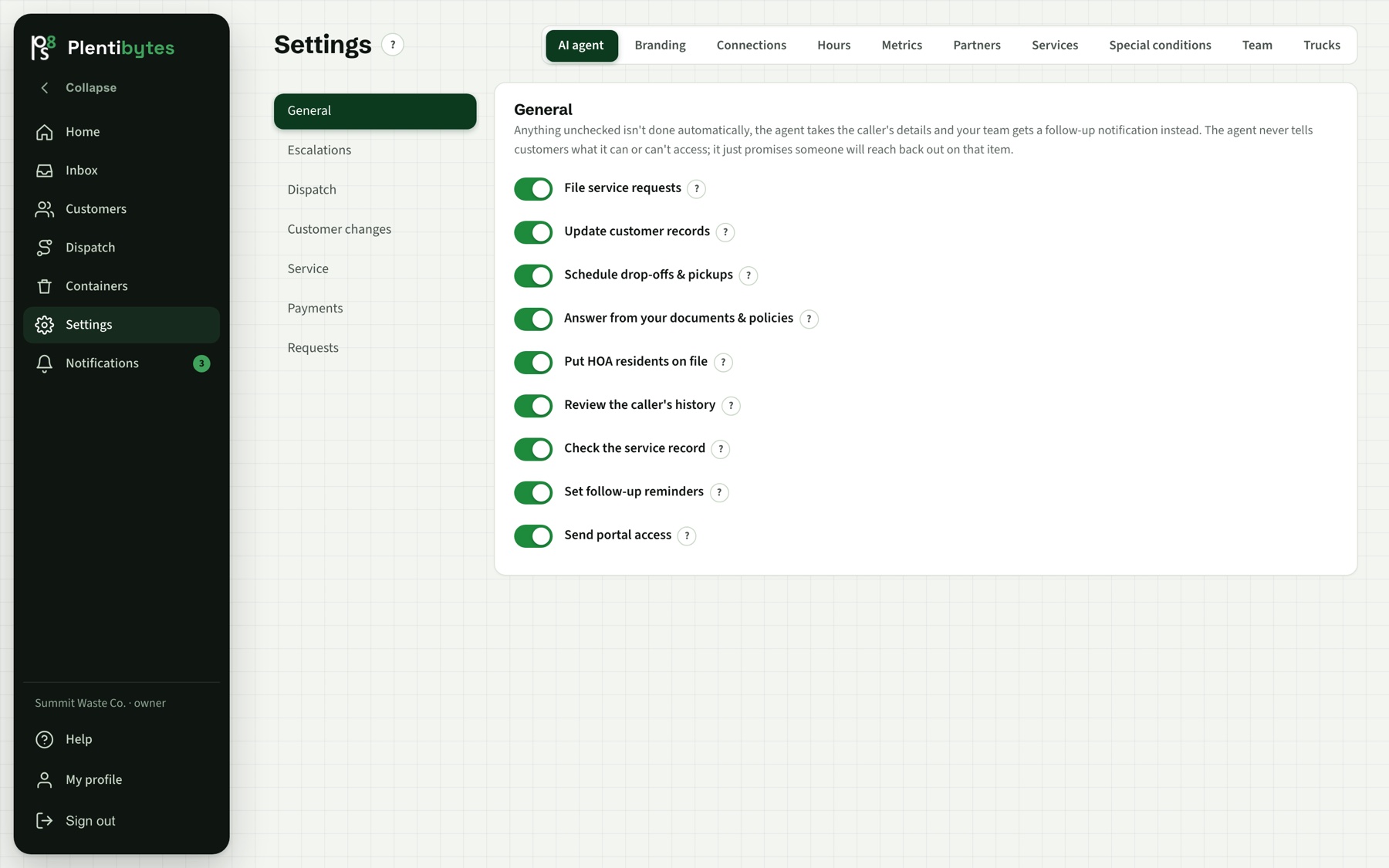 AI agent settings: a switch for each action the agent may take