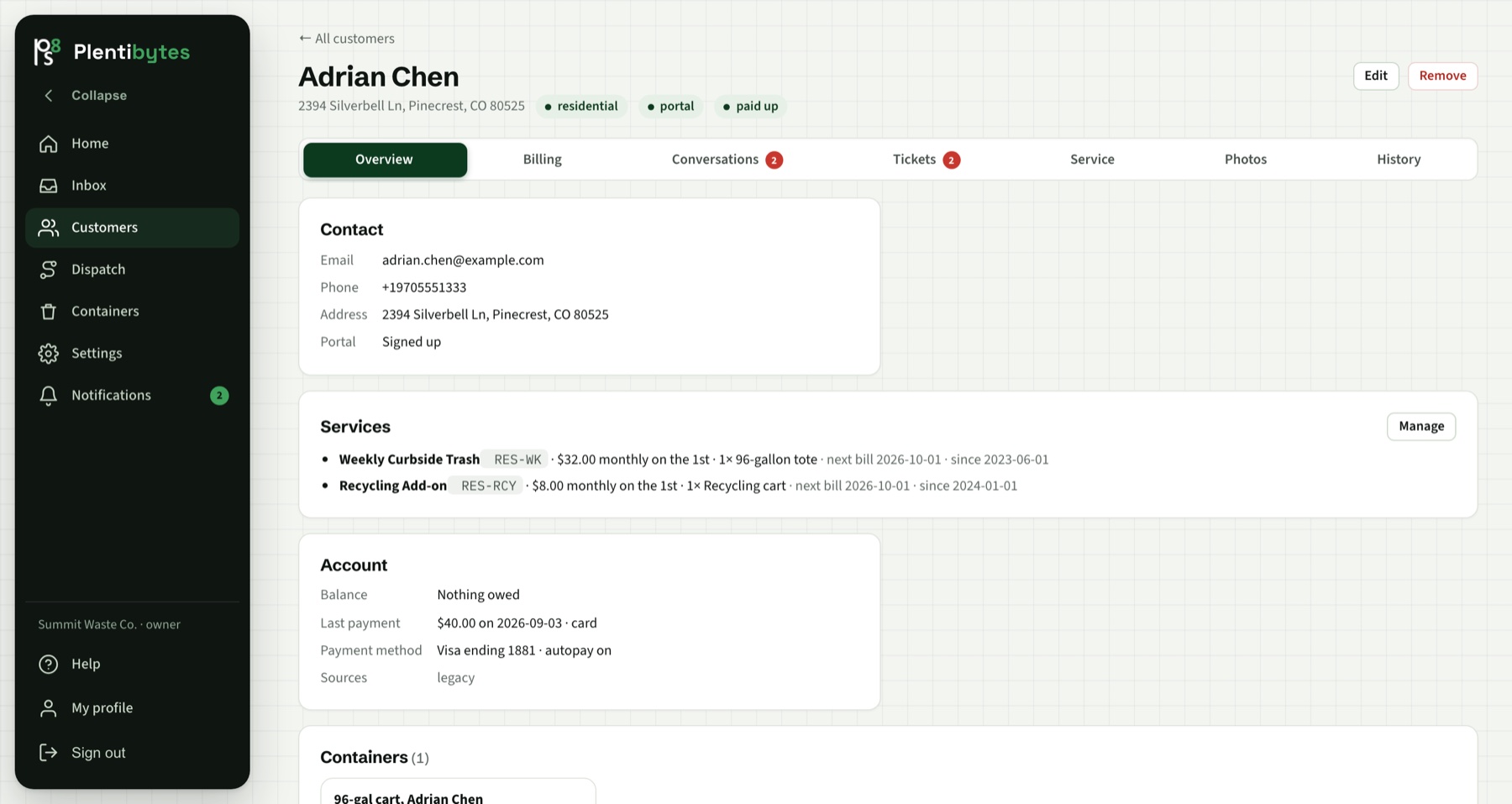 A customer page with billing standing, service and conversations