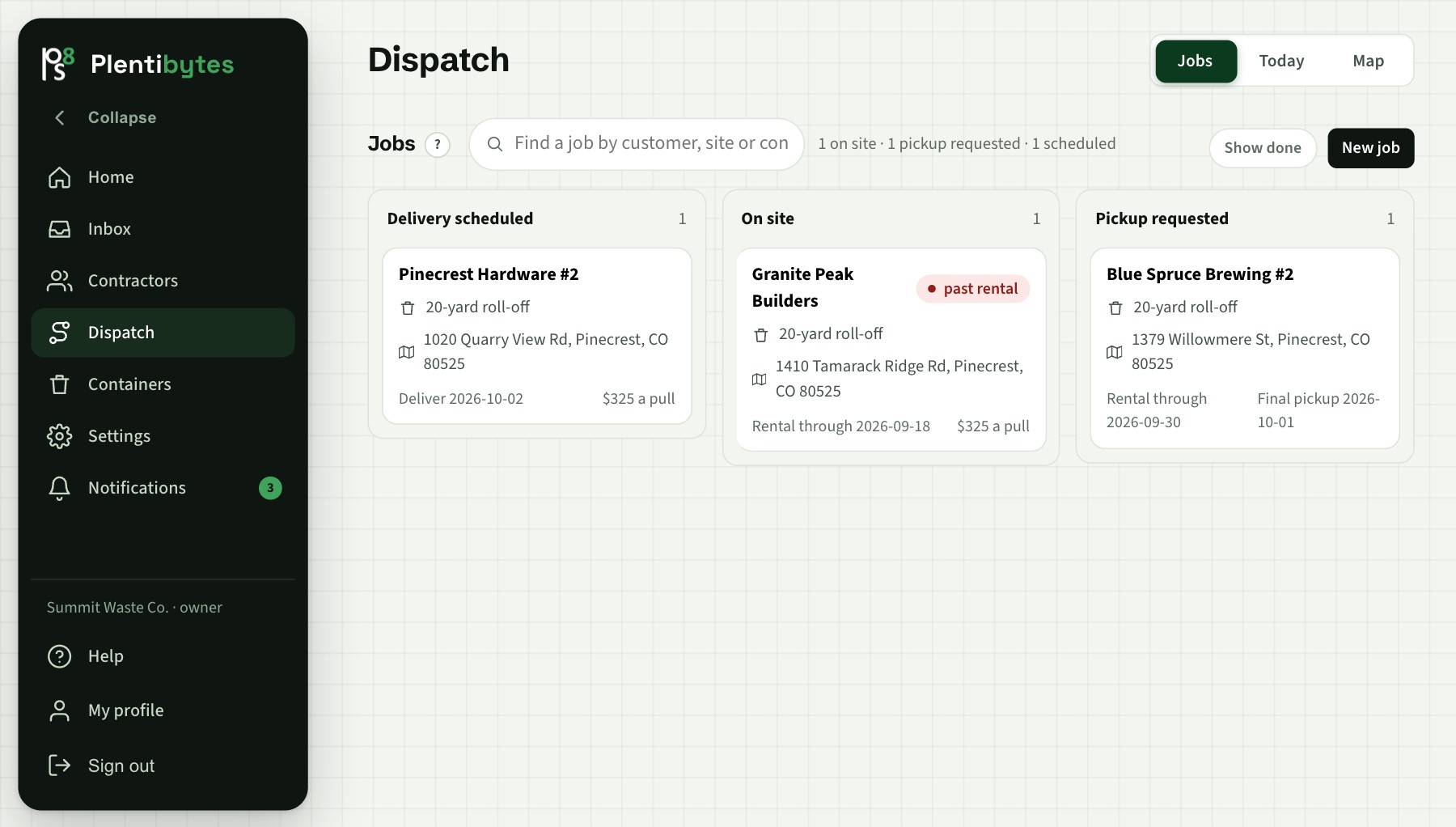 The Jobs board with delivery scheduled, on site and pickup requested columns