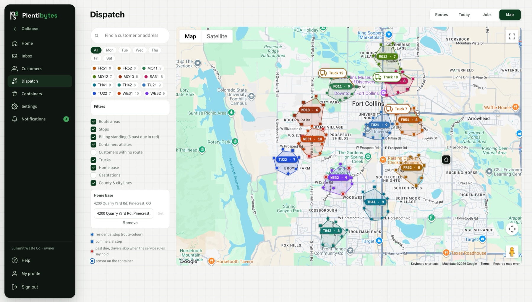 Plentibytes Dispatch map: route areas colored by route, trucks on the road and every customer stop