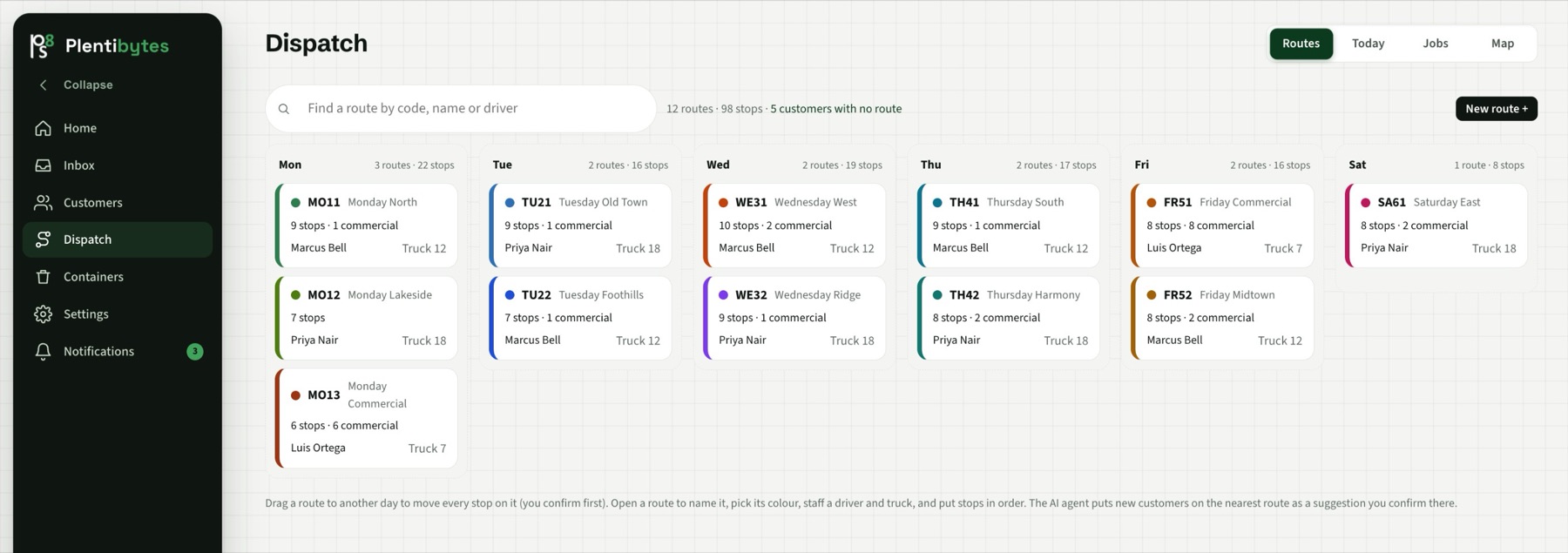 The Routes board with every route by day
