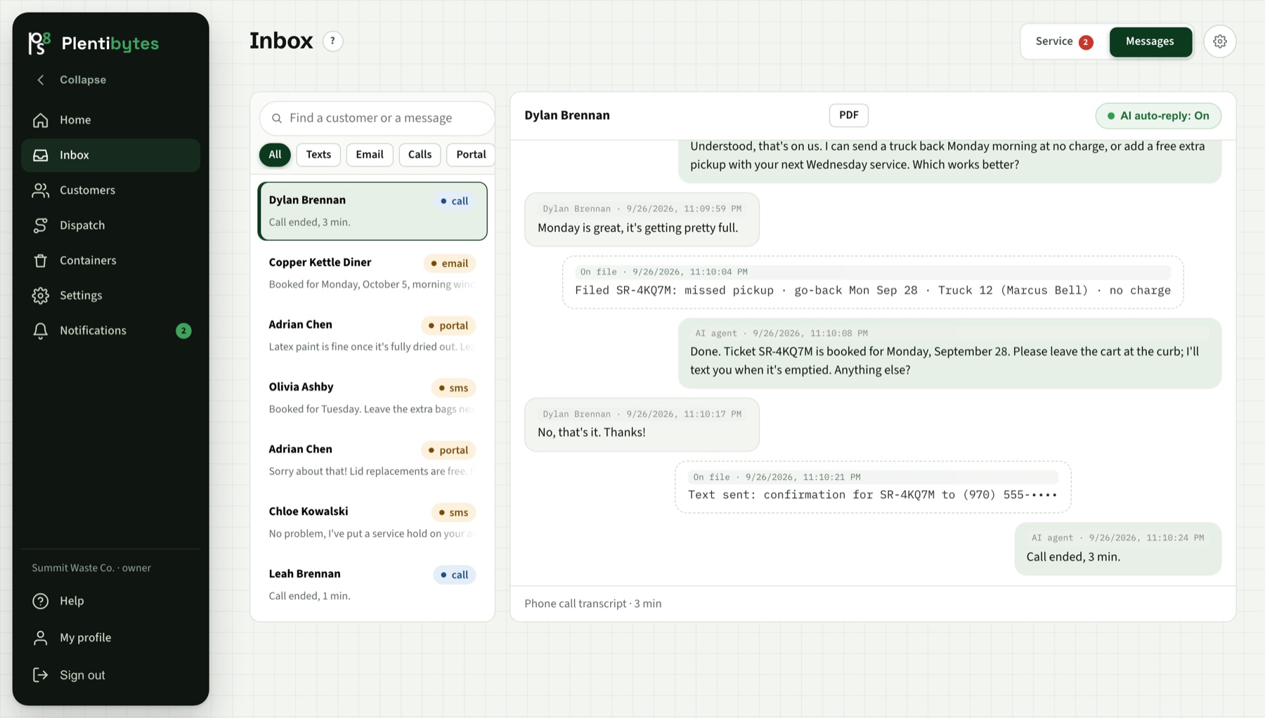 The Inbox with a customer call answered by the AI agent