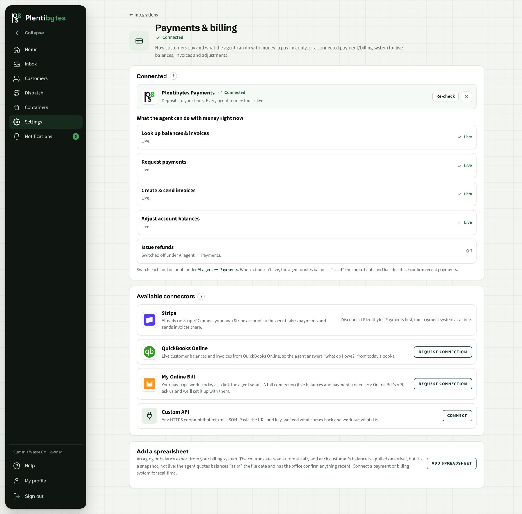 Payments and billing: the connected payment system, other connectors, and what the agent can do with money right now
