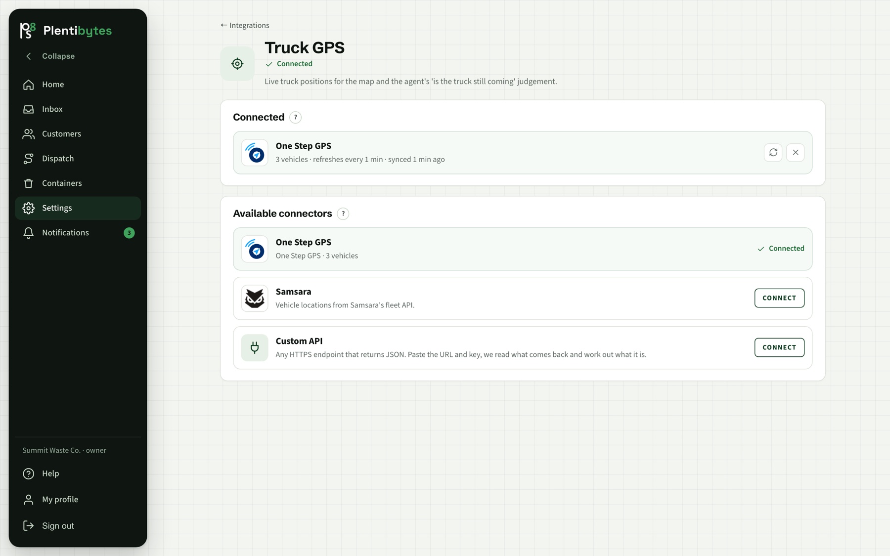 Truck GPS: a connected GPS source and the vendor connectors available