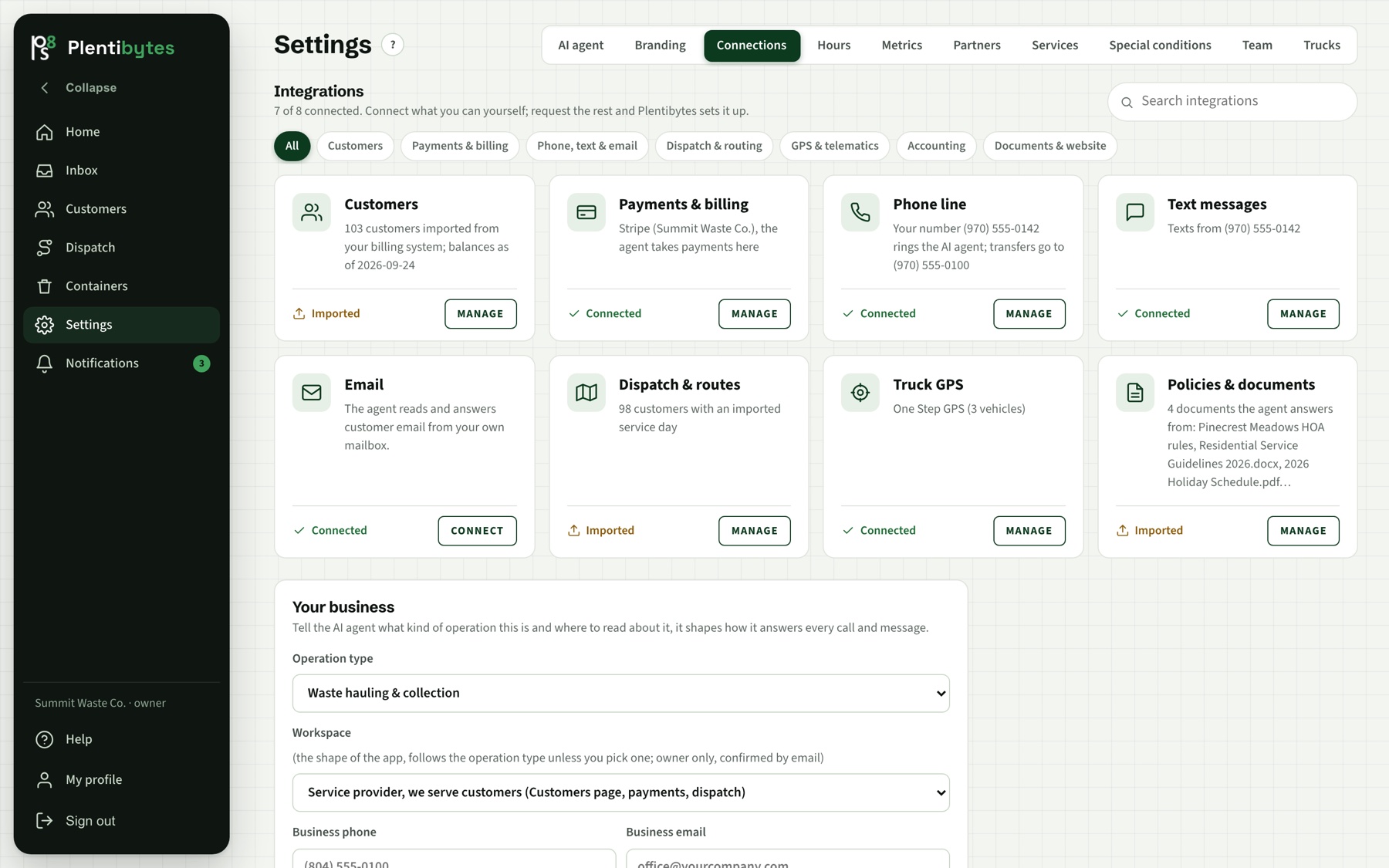 Settings, Connections: every integration with its status, connected or available