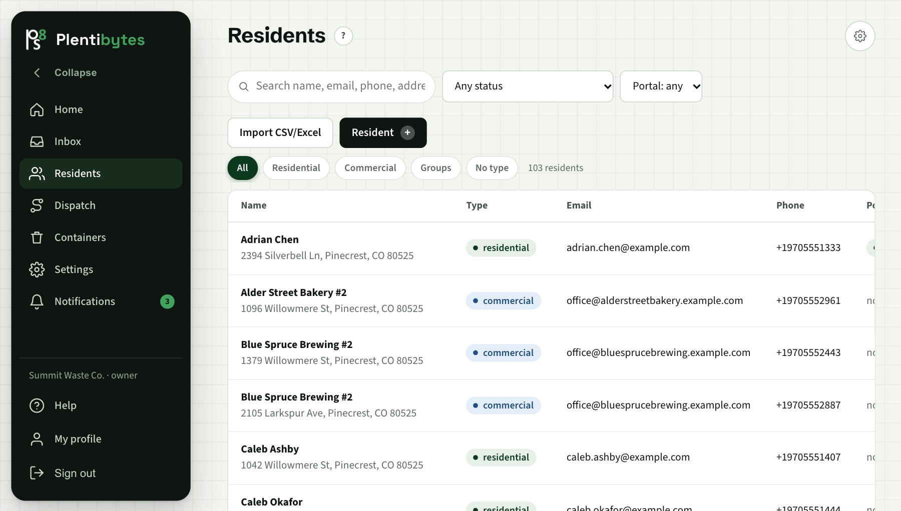 The Residents page: search by name, email, phone or address, with type and portal status for each resident